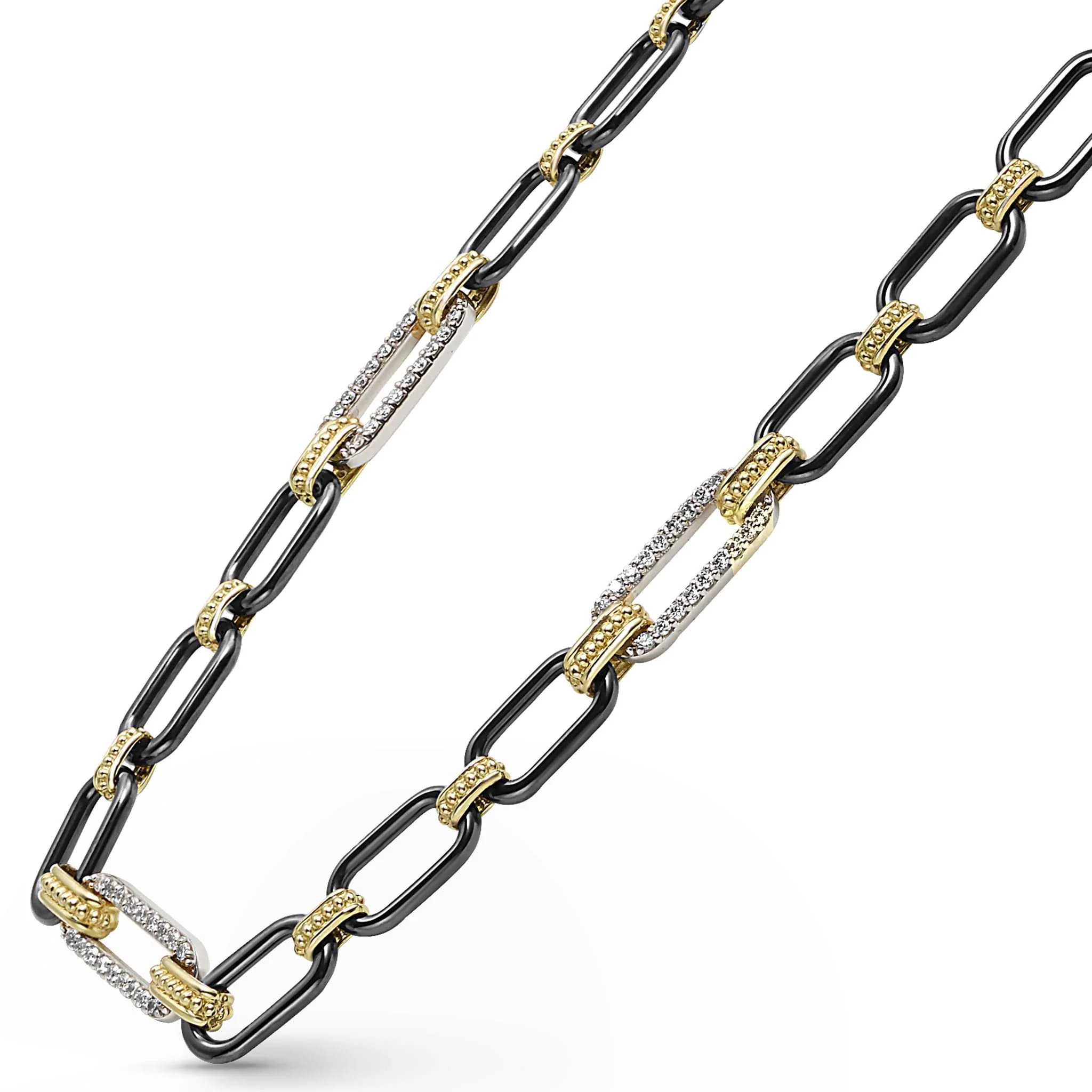 Signature Caviar 18K Gold and Black Ceramic Three Diamond Station Link Necklace | 6mm - Image 4