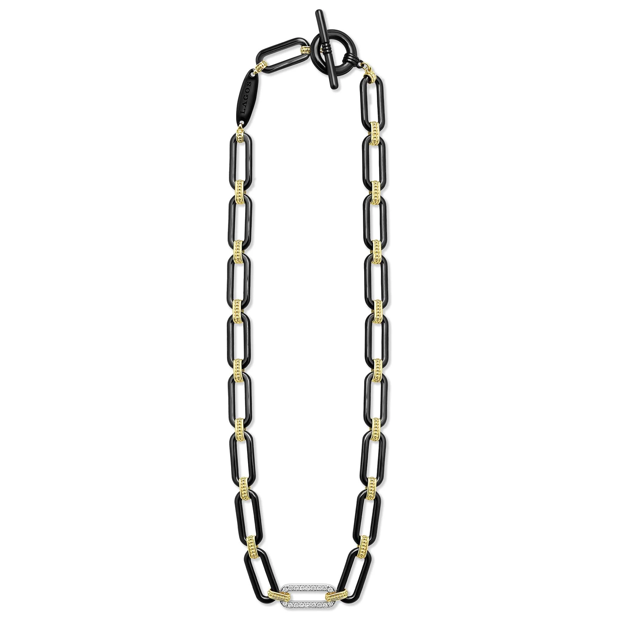 Signature Caviar 18K Gold & Black Ceramic Diamond Station Link Necklace | 9mm - Image 3