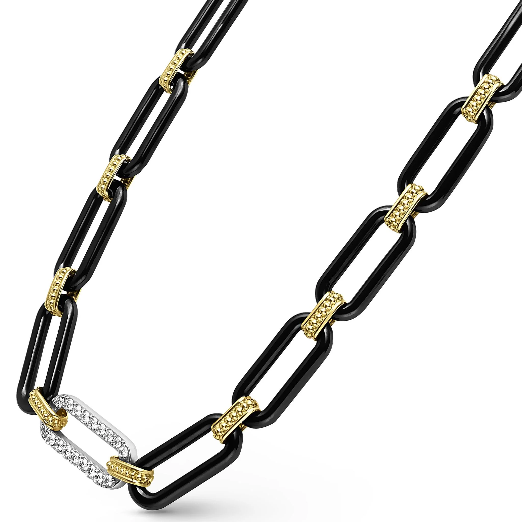 Signature Caviar 18K Gold & Black Ceramic Diamond Station Link Necklace | 9mm - Image 4