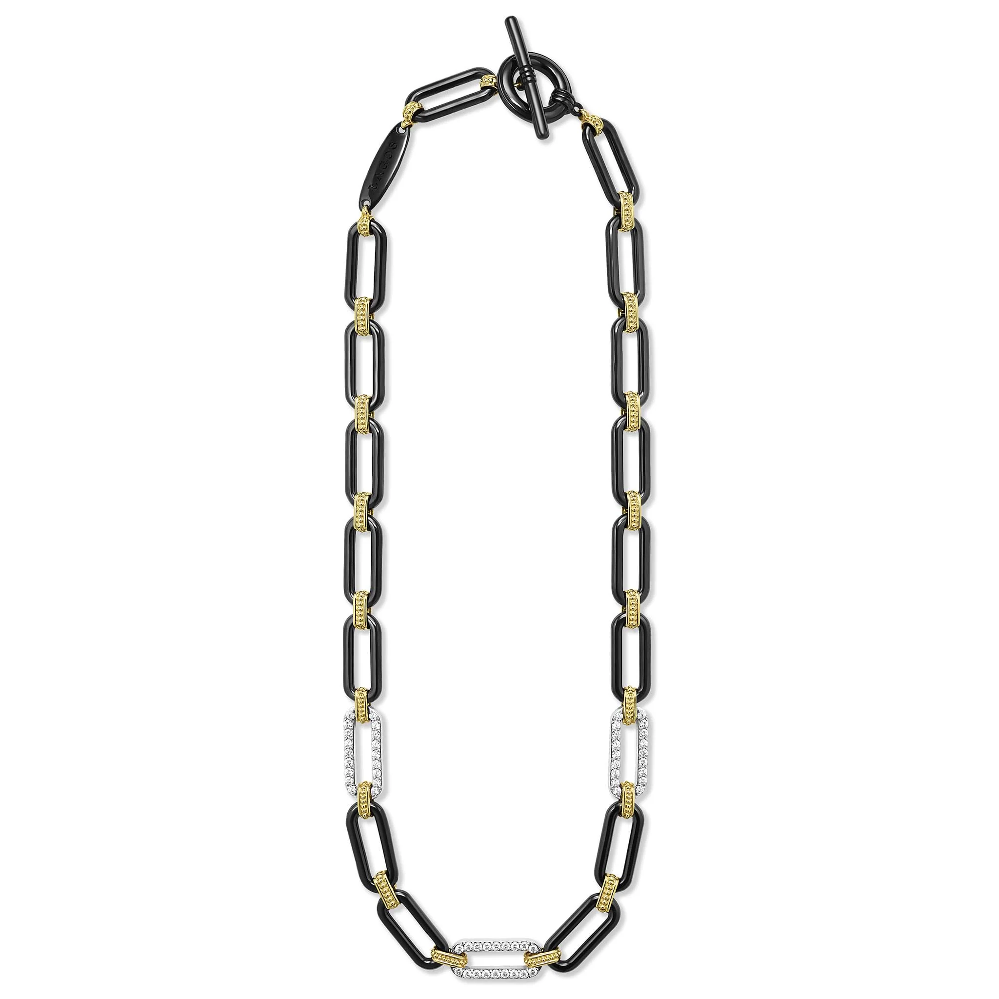 Signature Caviar 18K Gold and Black Ceramic Three Diamond Station Link Necklace | 9mm - Image 3