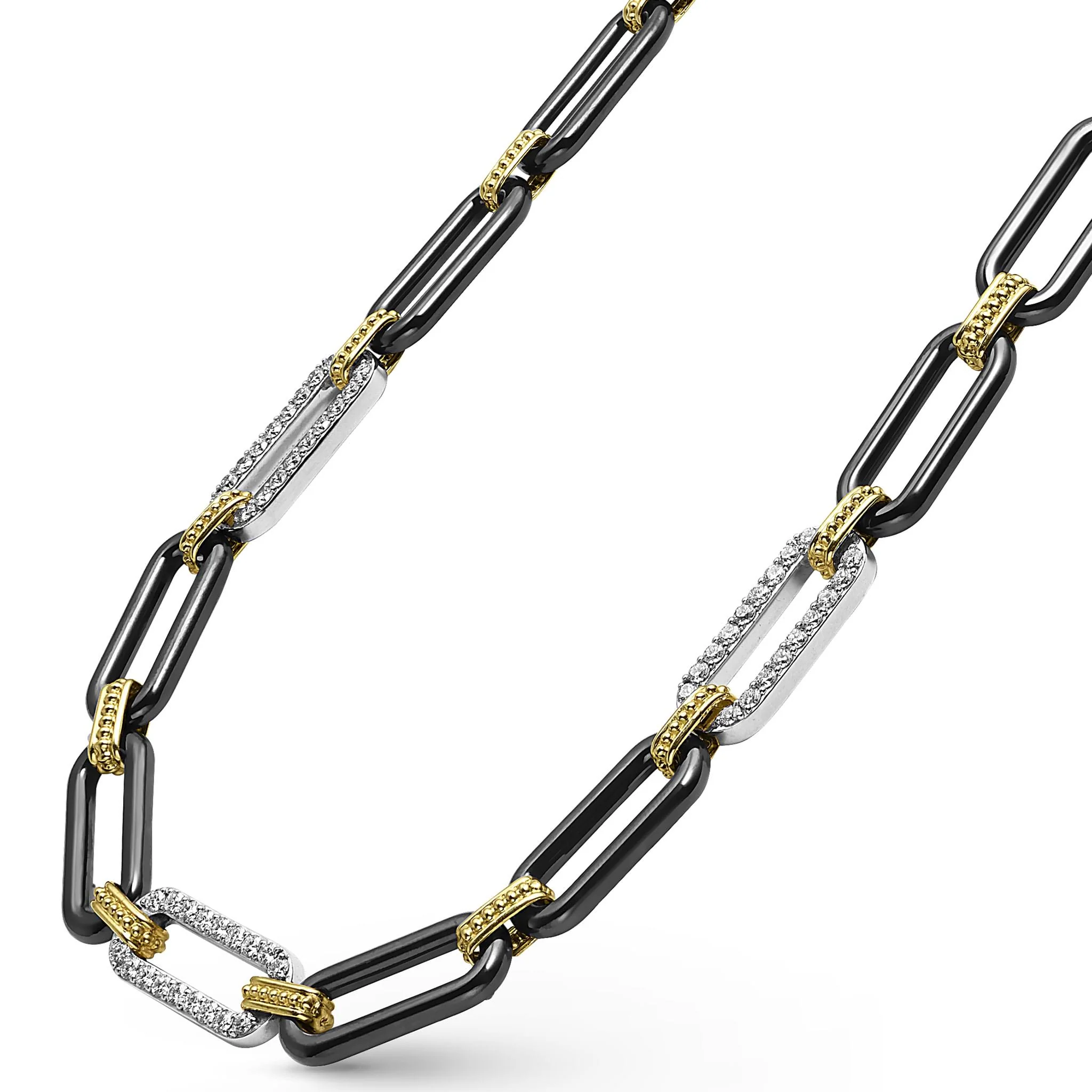 Signature Caviar 18K Gold and Black Ceramic Three Diamond Station Link Necklace | 9mm - Image 4
