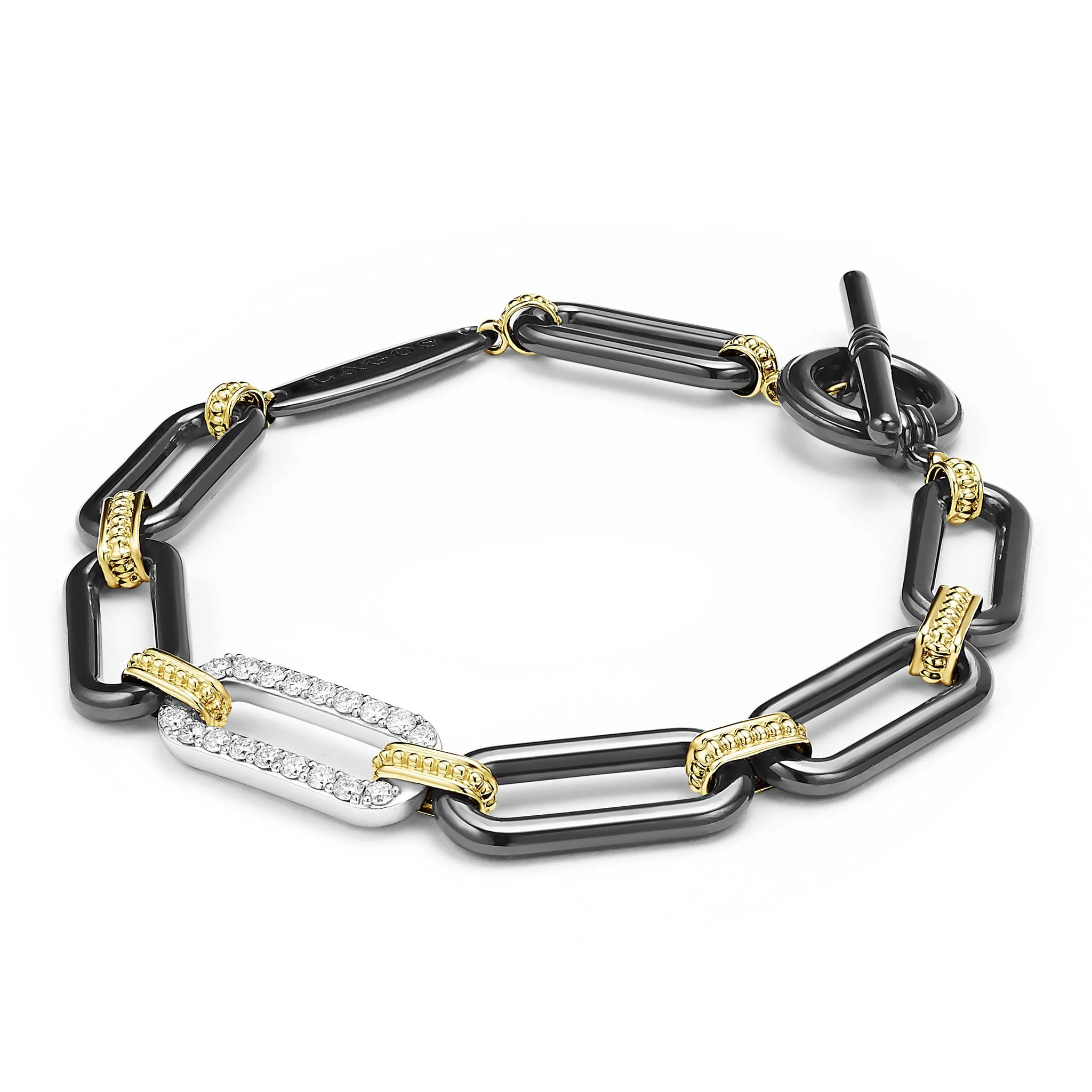 Signature Caviar 18K Gold and Black Ceramic Diamond Station Link Bracelet | 10mm - Image 3