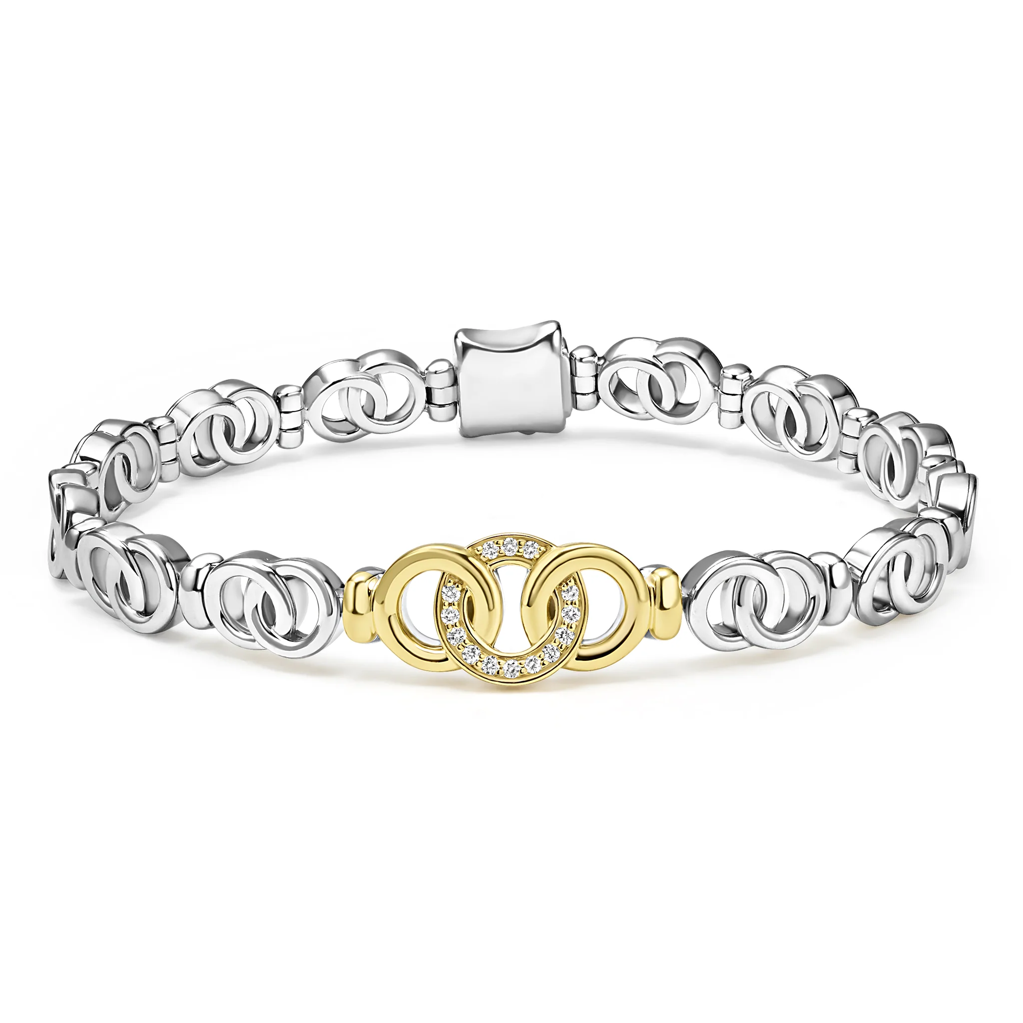 Signature Caviar Two-Tone Petite Interlocking Diamond Link Bracelet