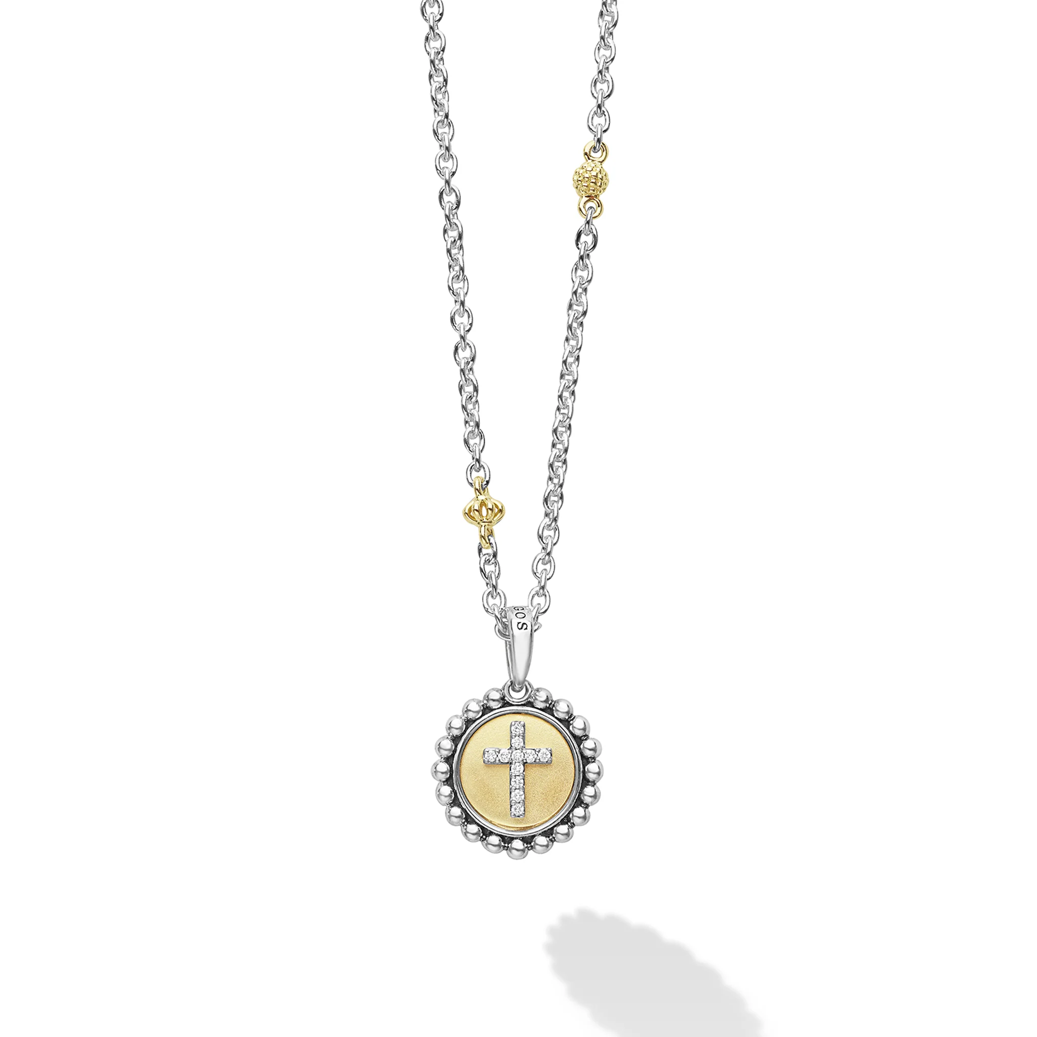 Signature Caviar Two-Tone Diamond Cross Charm Necklace