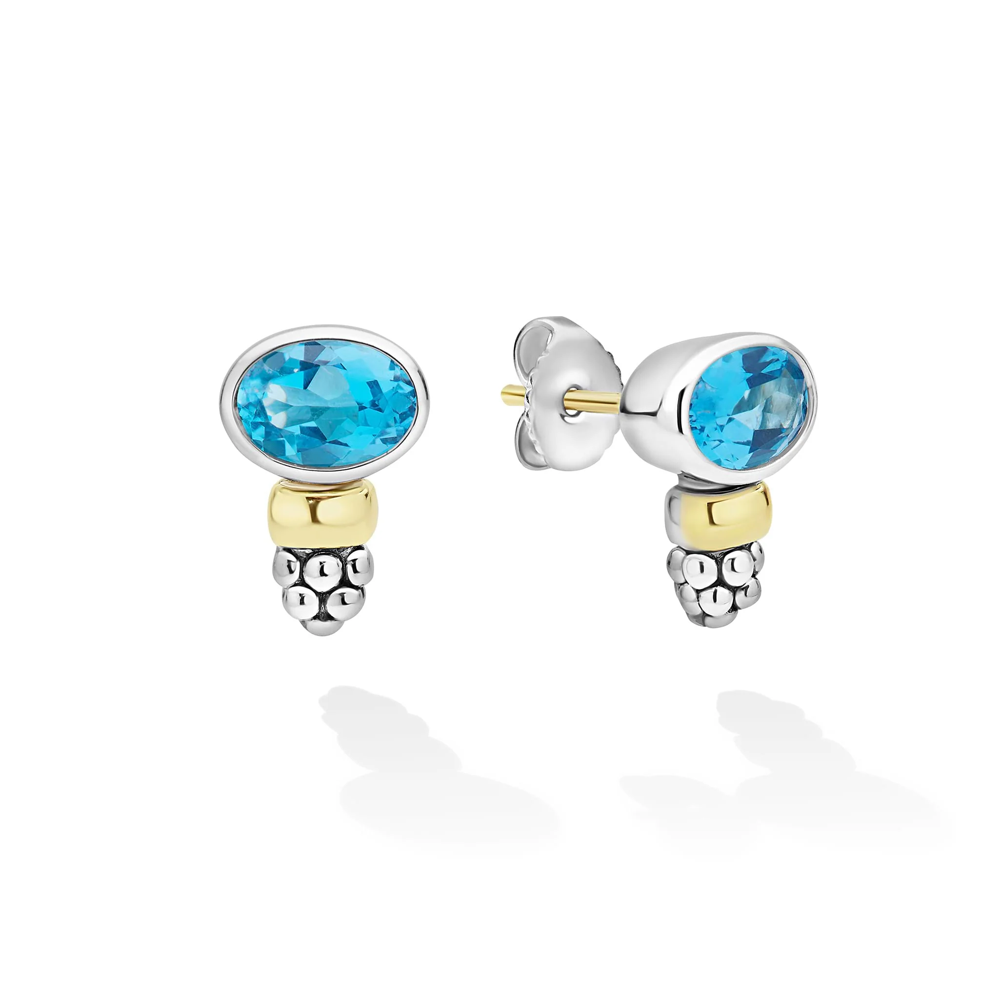 Signature Caviar Two-Tone Swiss Blue Topaz Oval Stud Earrings