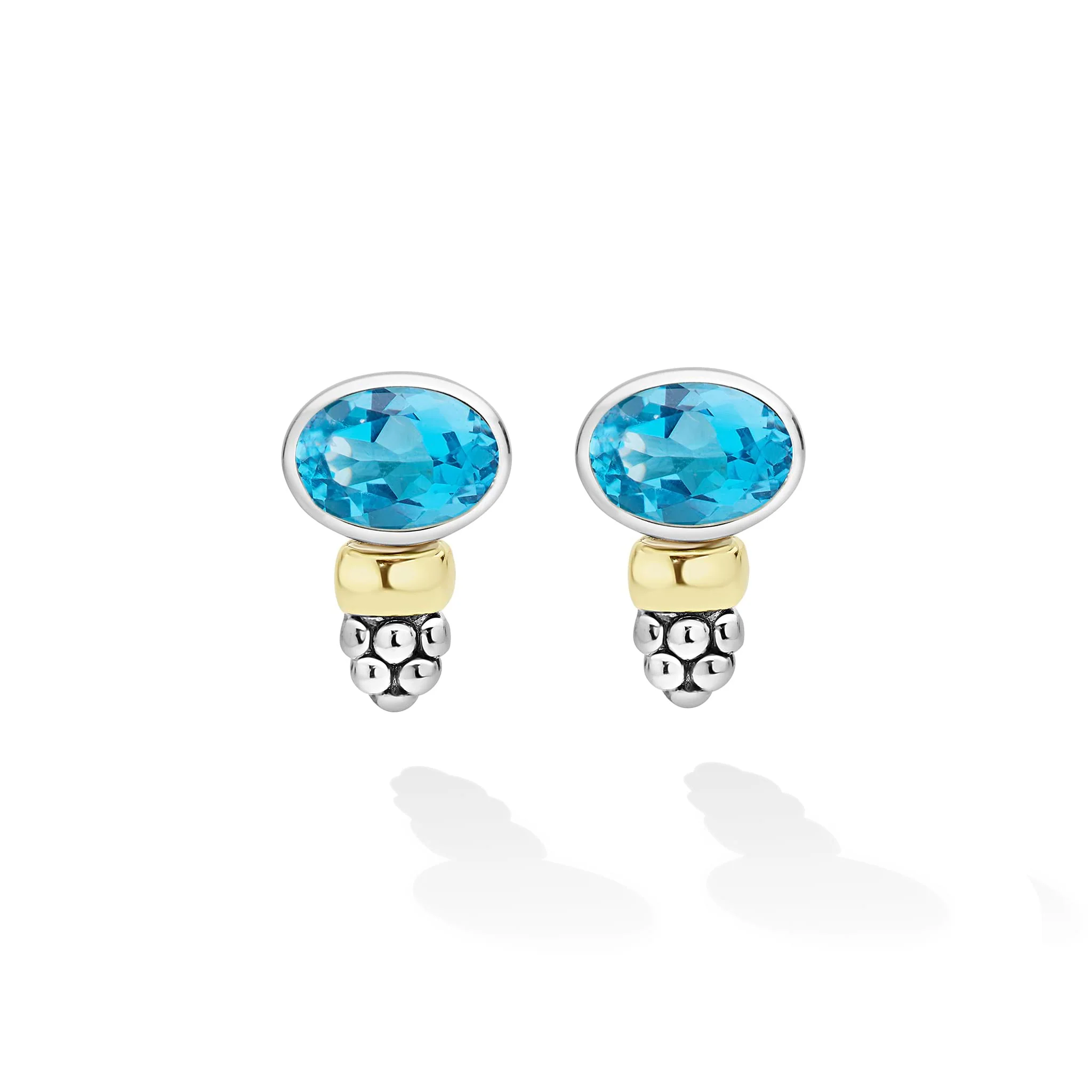 Signature Caviar Two-Tone Swiss Blue Topaz Oval Stud Earrings - Image 2