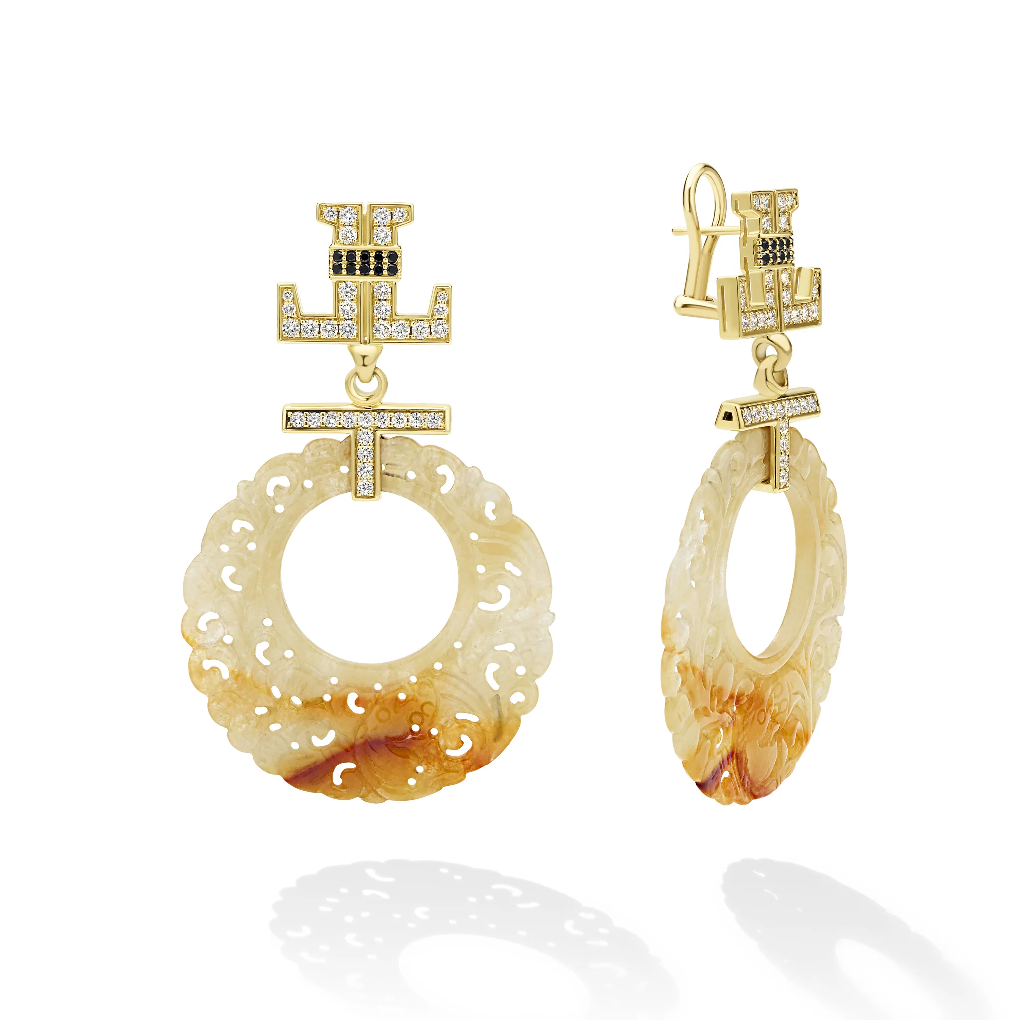SML 18K Gold Yellow Jade and Black Diamond Ornate Circle Earring