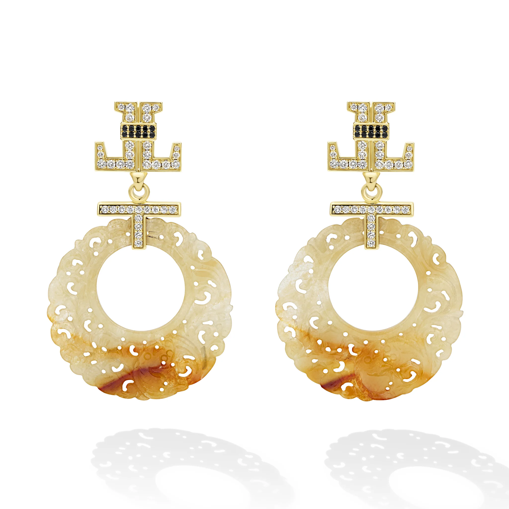SML 18K Gold Yellow Jade and Black Diamond Ornate Circle Earring - Image 2