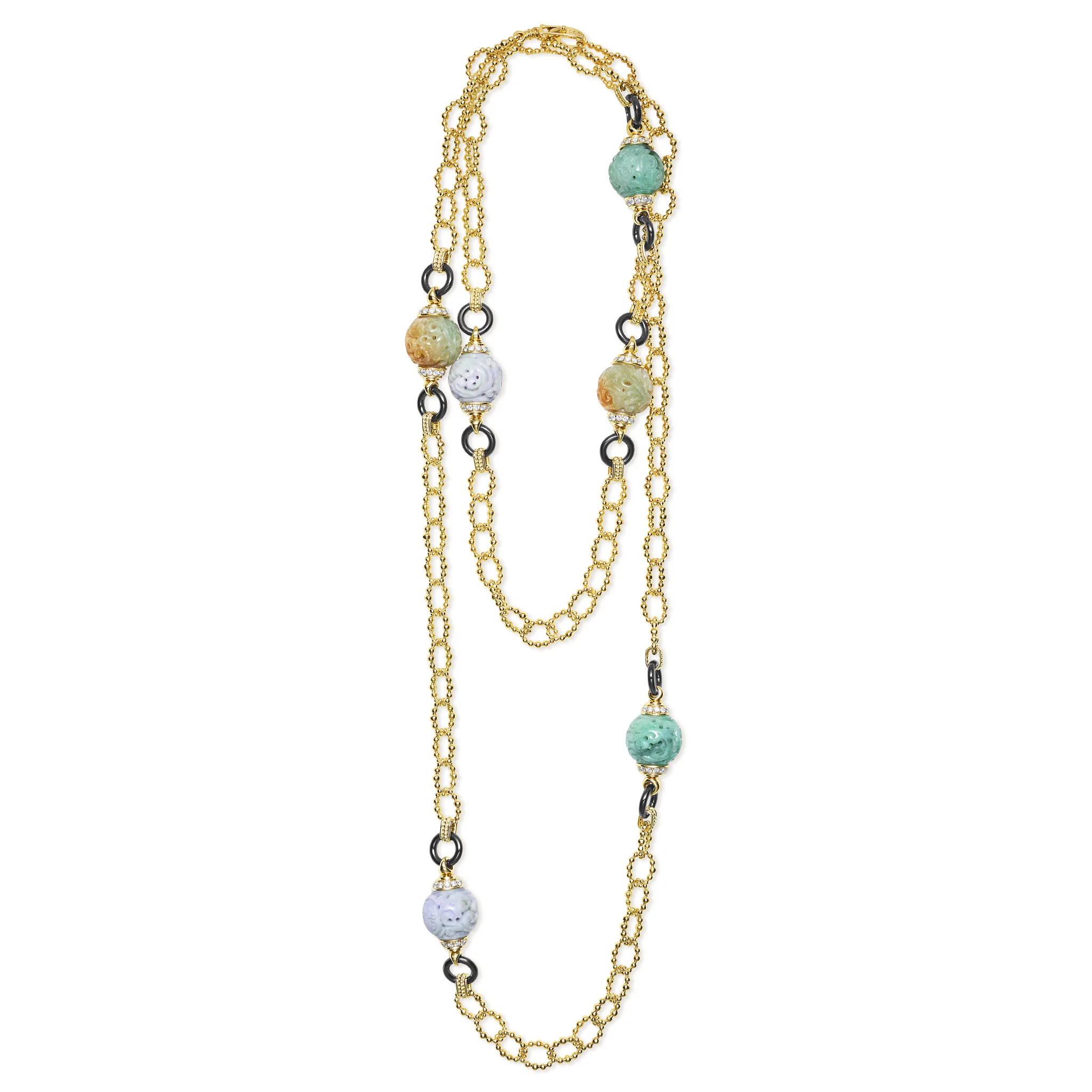 SML 18K Gold Jade Ball and Caviar Beaded Link Necklace - Image 2