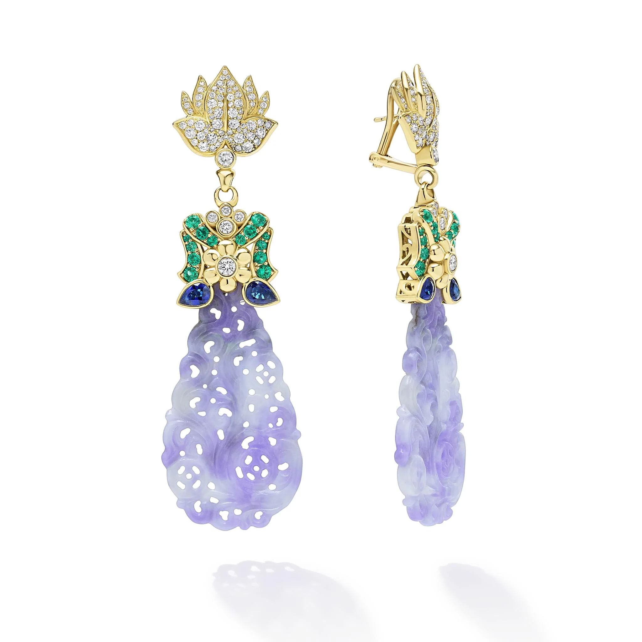 SML 18K Gold Lavender Jade Carved Diamond Earrings