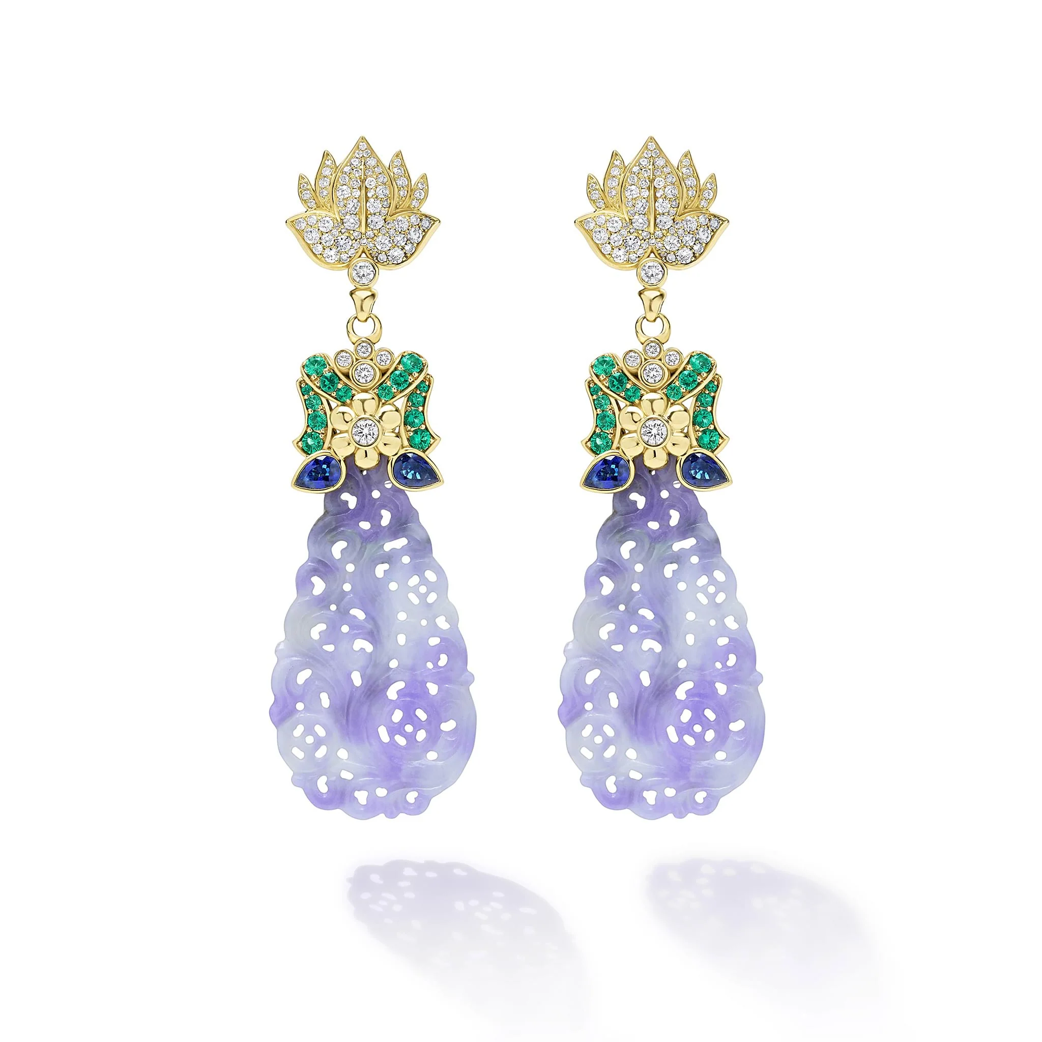 SML 18K Gold Lavender Jade Carved Diamond Earrings - Image 2