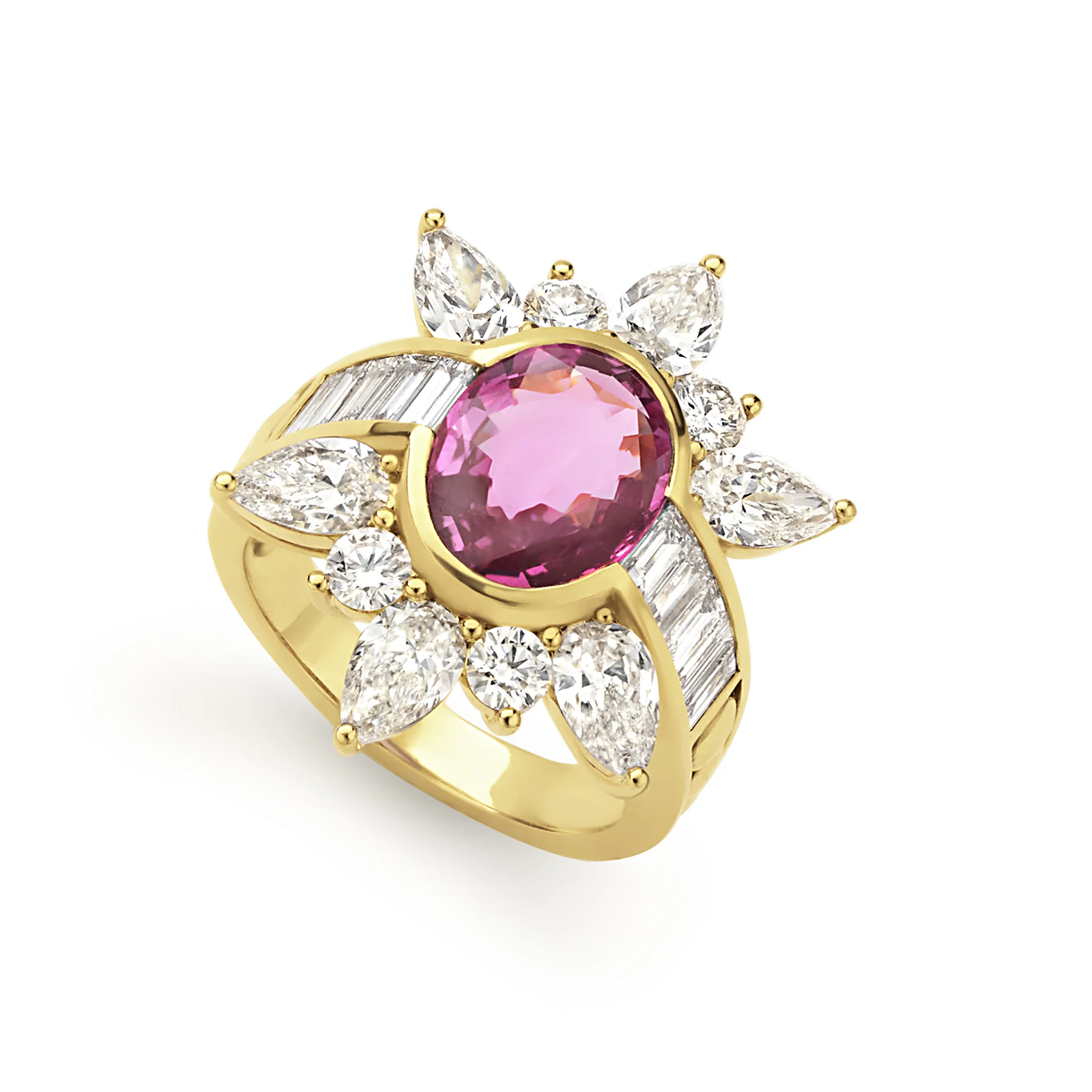 SML 18K Gold Pink Sapphire and Diamond Flower Ring