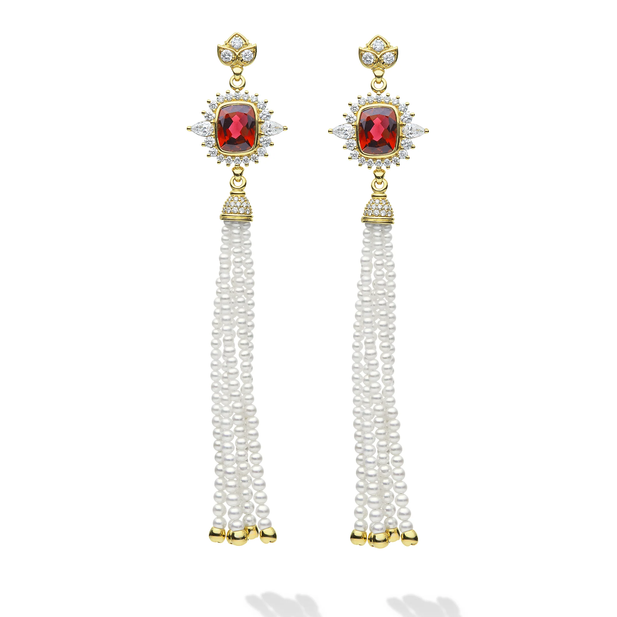 SML 18K Gold Rubellite and Pearl Tassel Earring