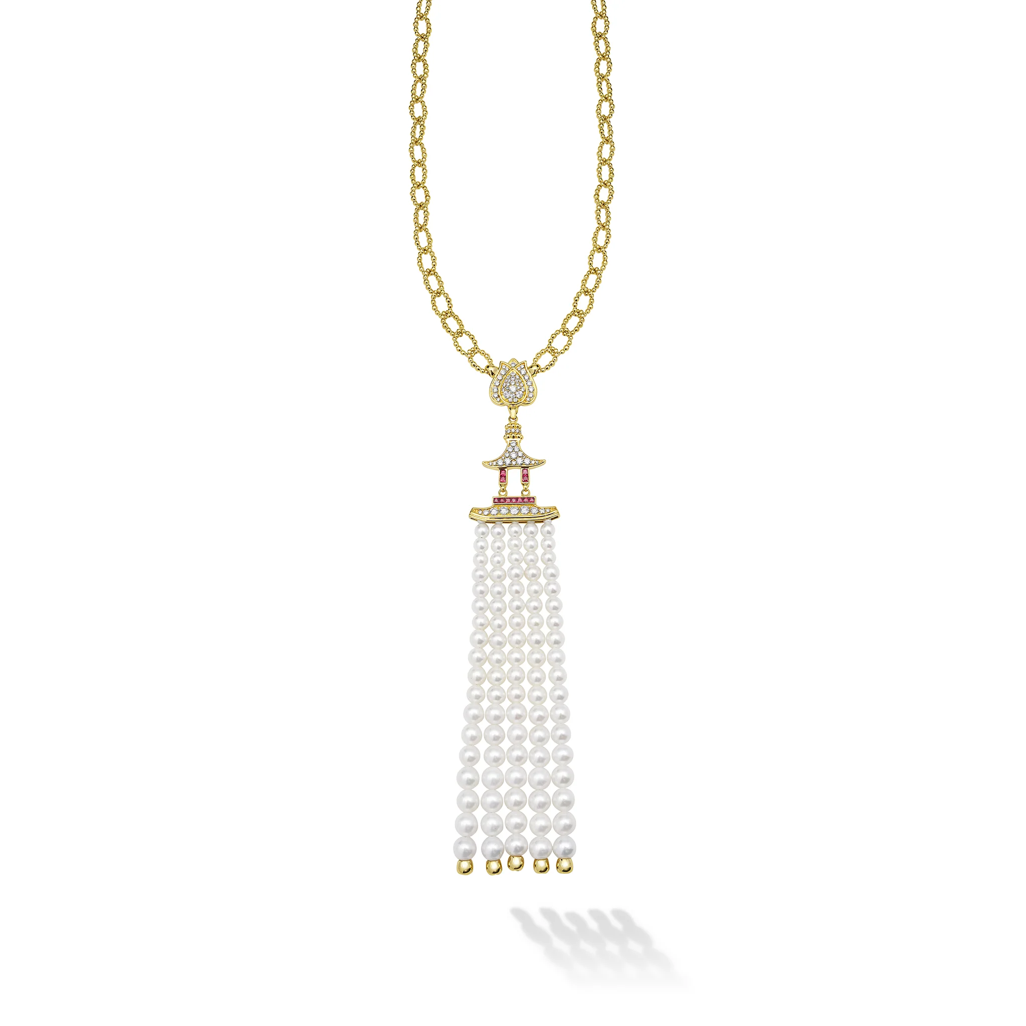 SML 18K Gold Pearl and Ruby Tassel Necklace