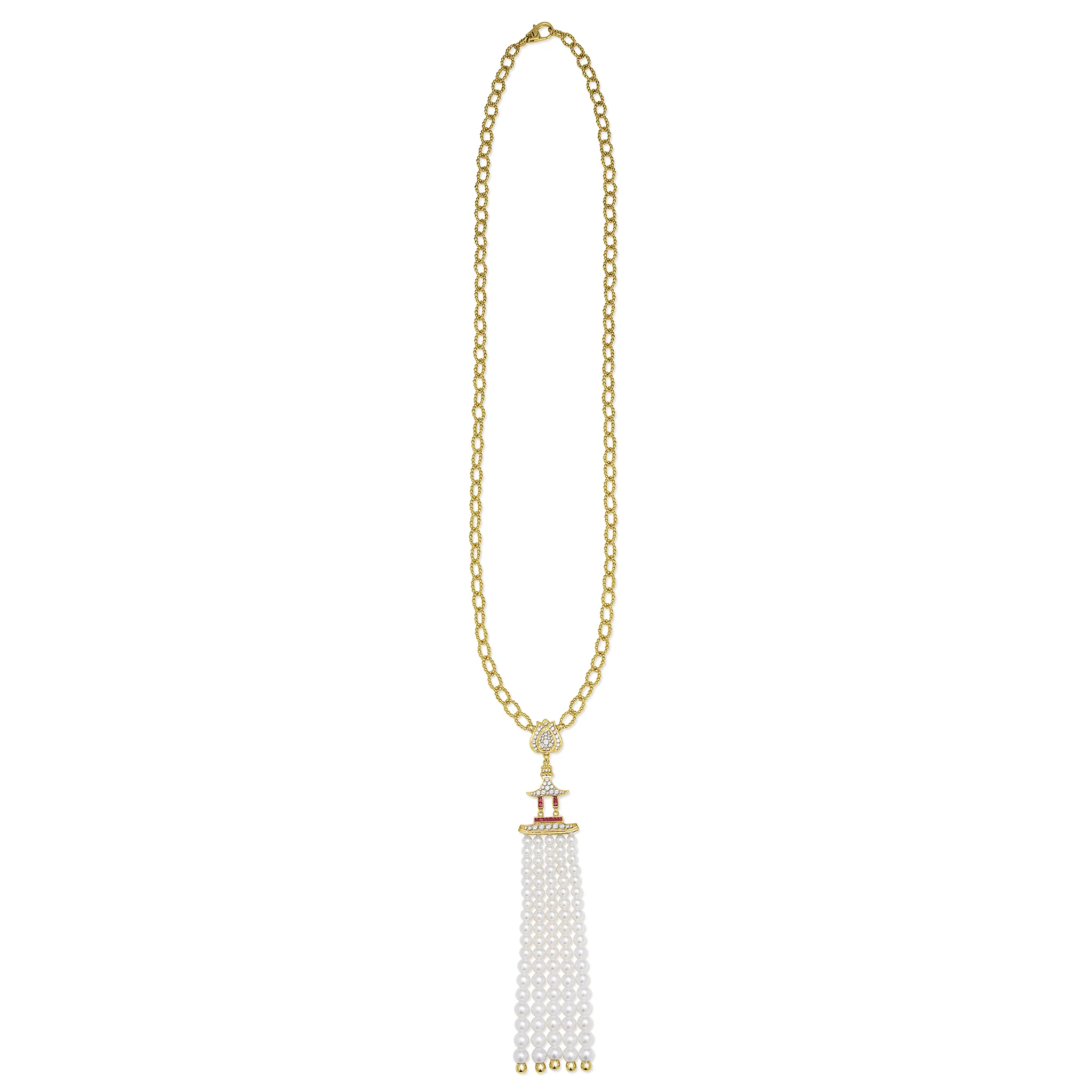 SML 18K Gold Pearl and Ruby Tassel Necklace - Image 2
