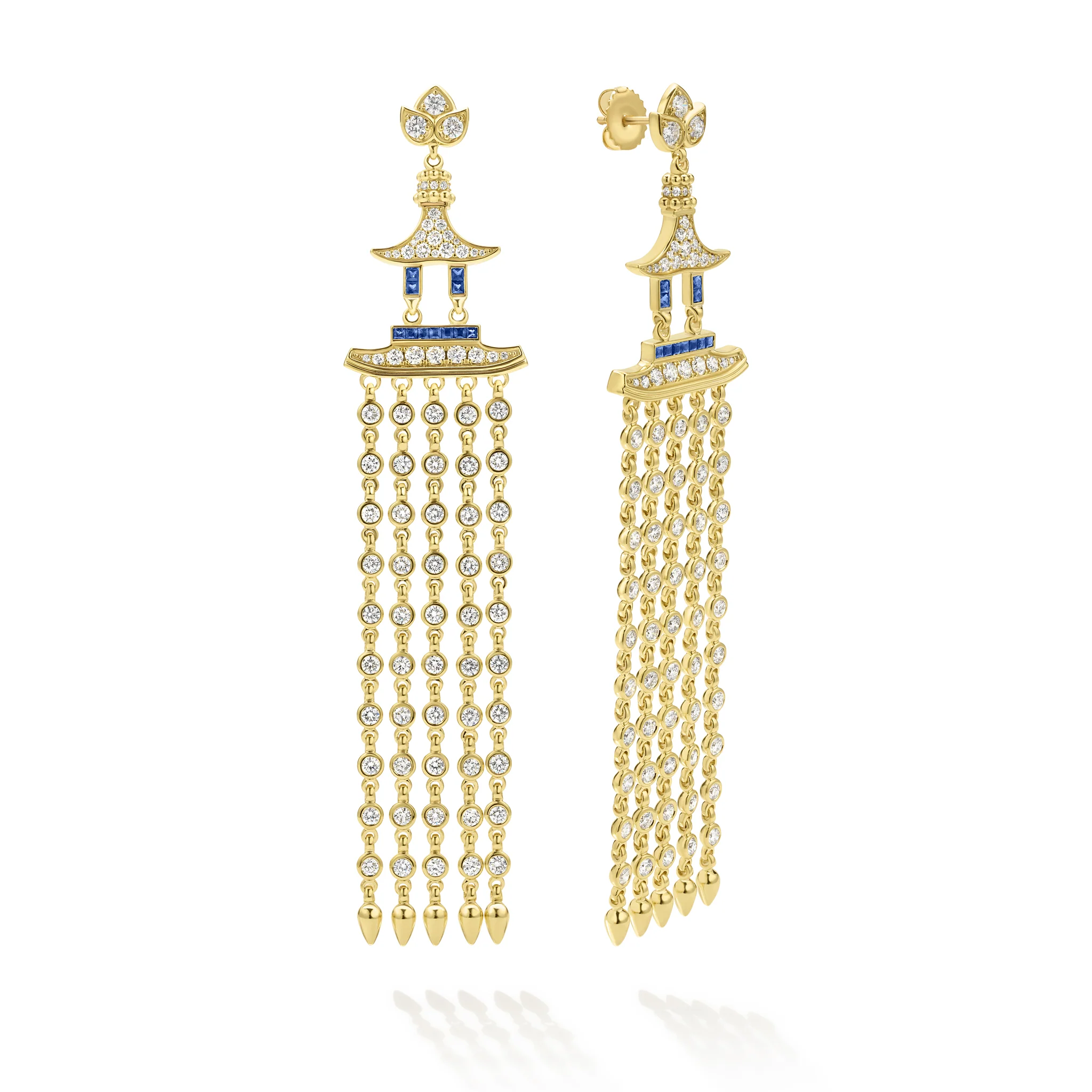 SML 18K Gold Pagoda Diamond and Sapphire Tassel Earring