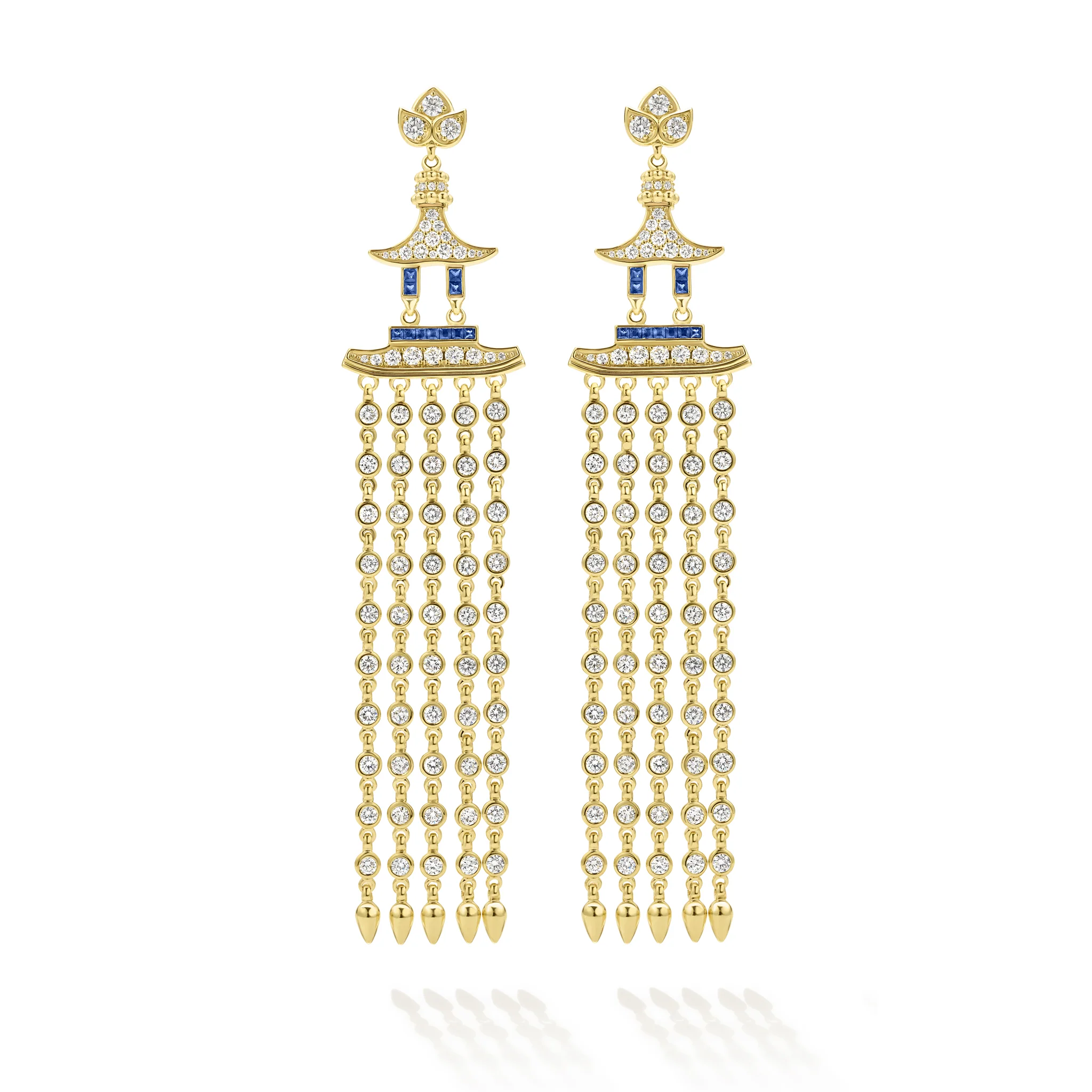 SML 18K Gold Pagoda Diamond and Sapphire Tassel Earring - Image 2