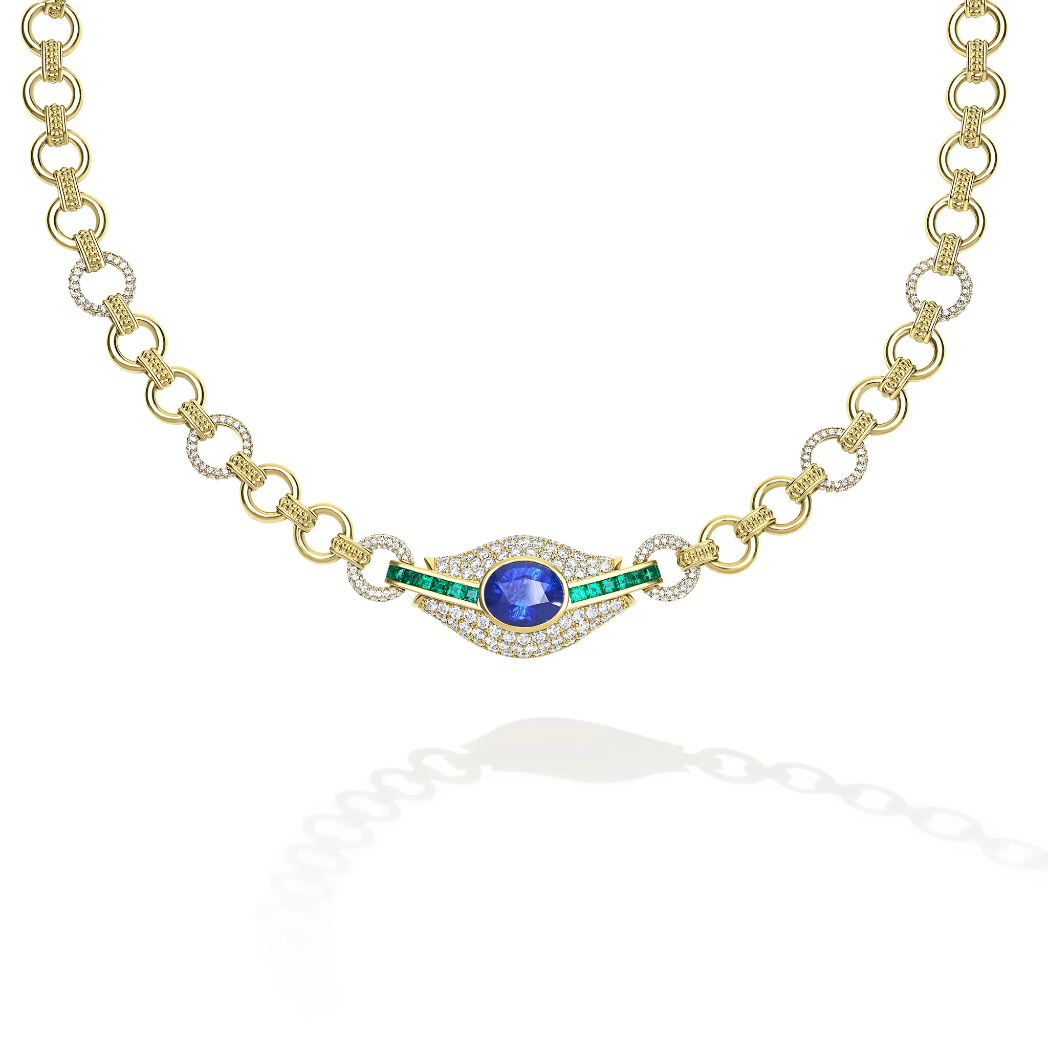 SML 18k Gold Sapphire and Emerald Chain Necklace