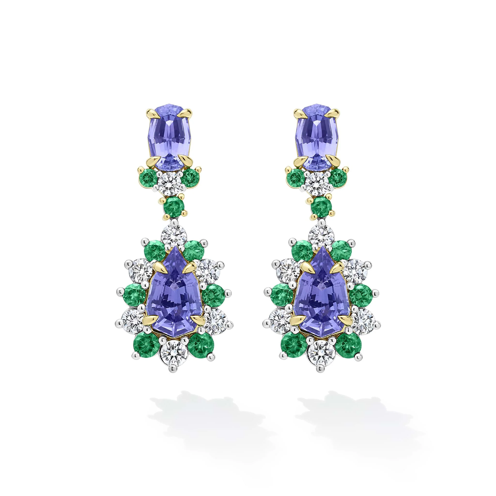 SML 18K Gold Tanzanite and Tsavorite Garnet Diamond Drop Earrings - Image 2
