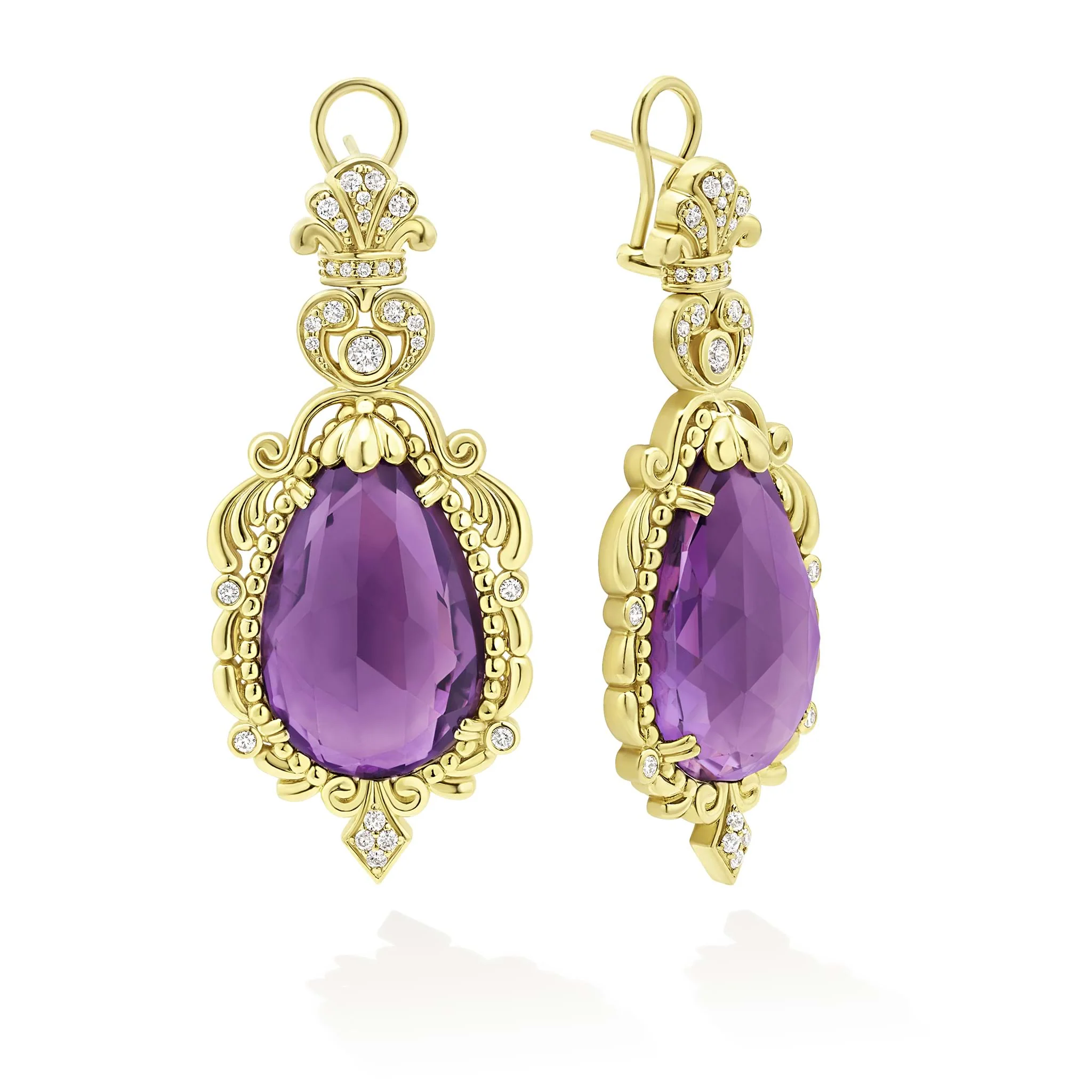 18K Gold Amethyst and Diamond Baroque Omega Clip Earrings