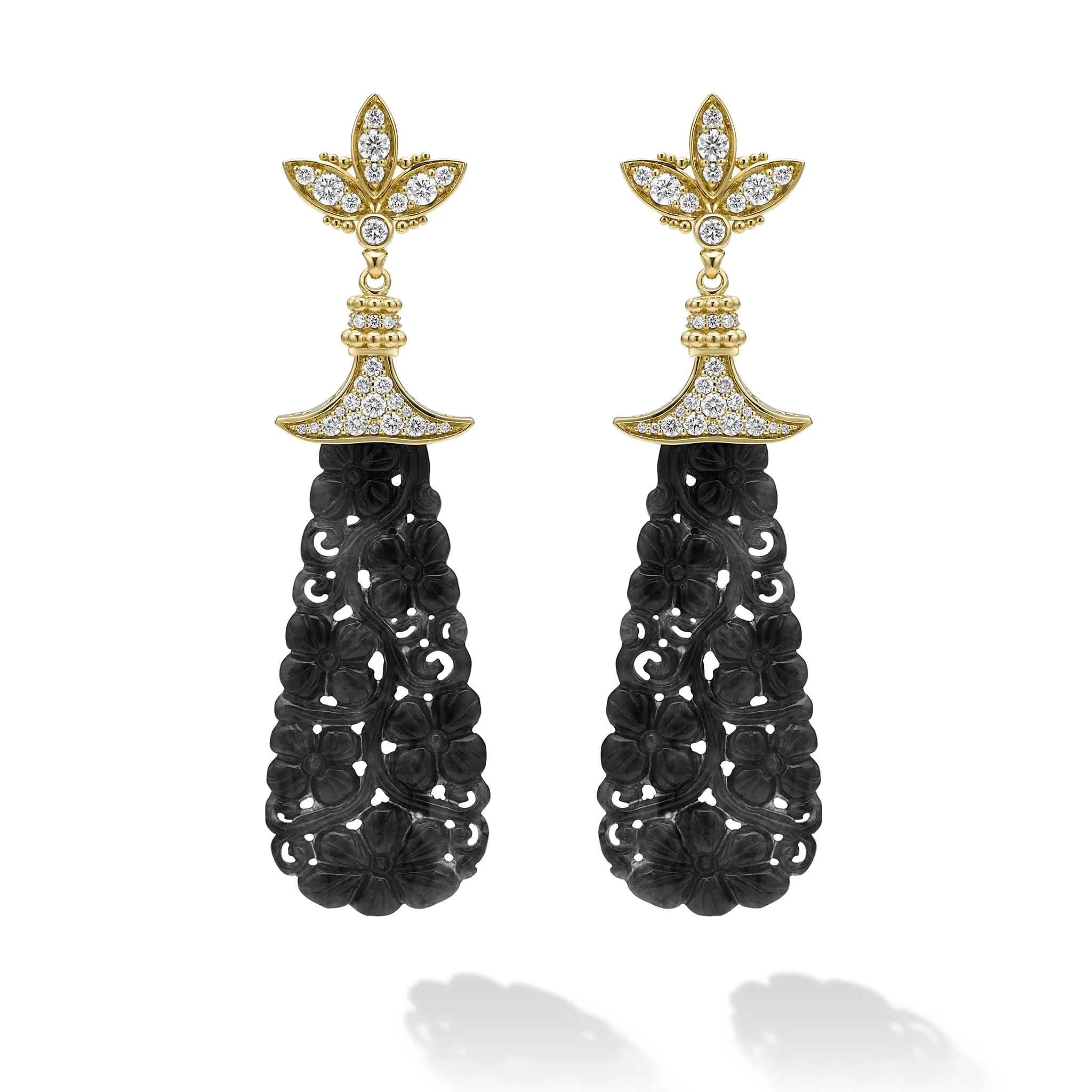 Studio 18K Gold Black Jade and Diamond Teardrop Earrings - Image 2