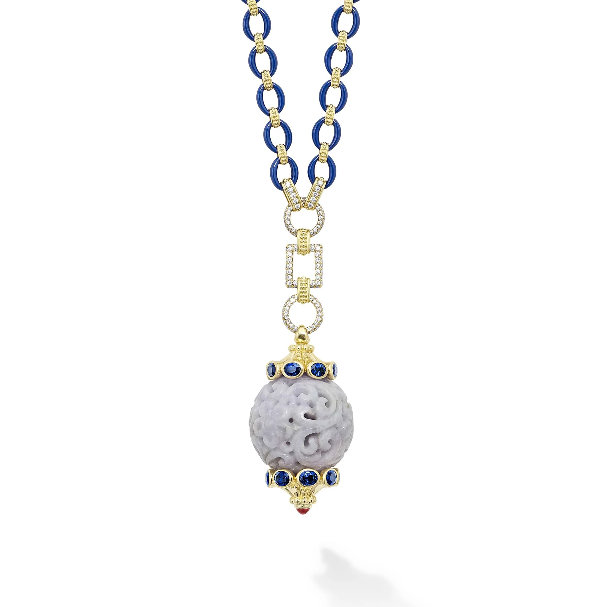 Studio 18K Gold and Diamond Link Necklace with Blue Sapphires and Lavender Jade Ball Pendant