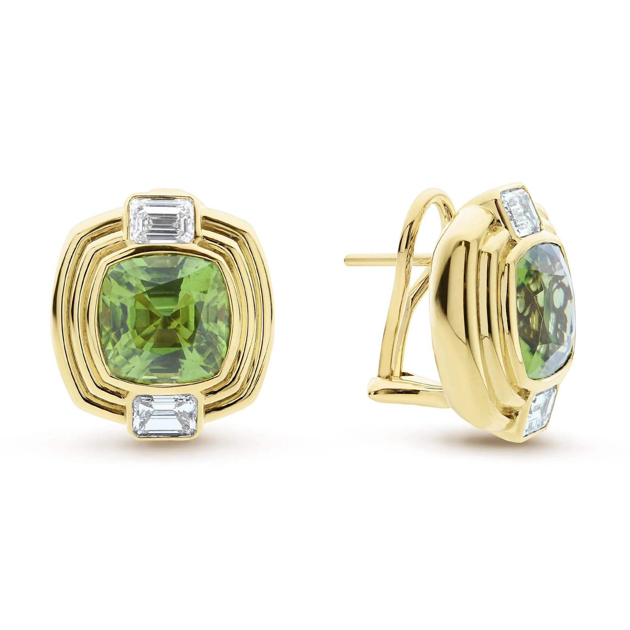 SML Diamond and Peridot Cushion Cut Clip Earrings