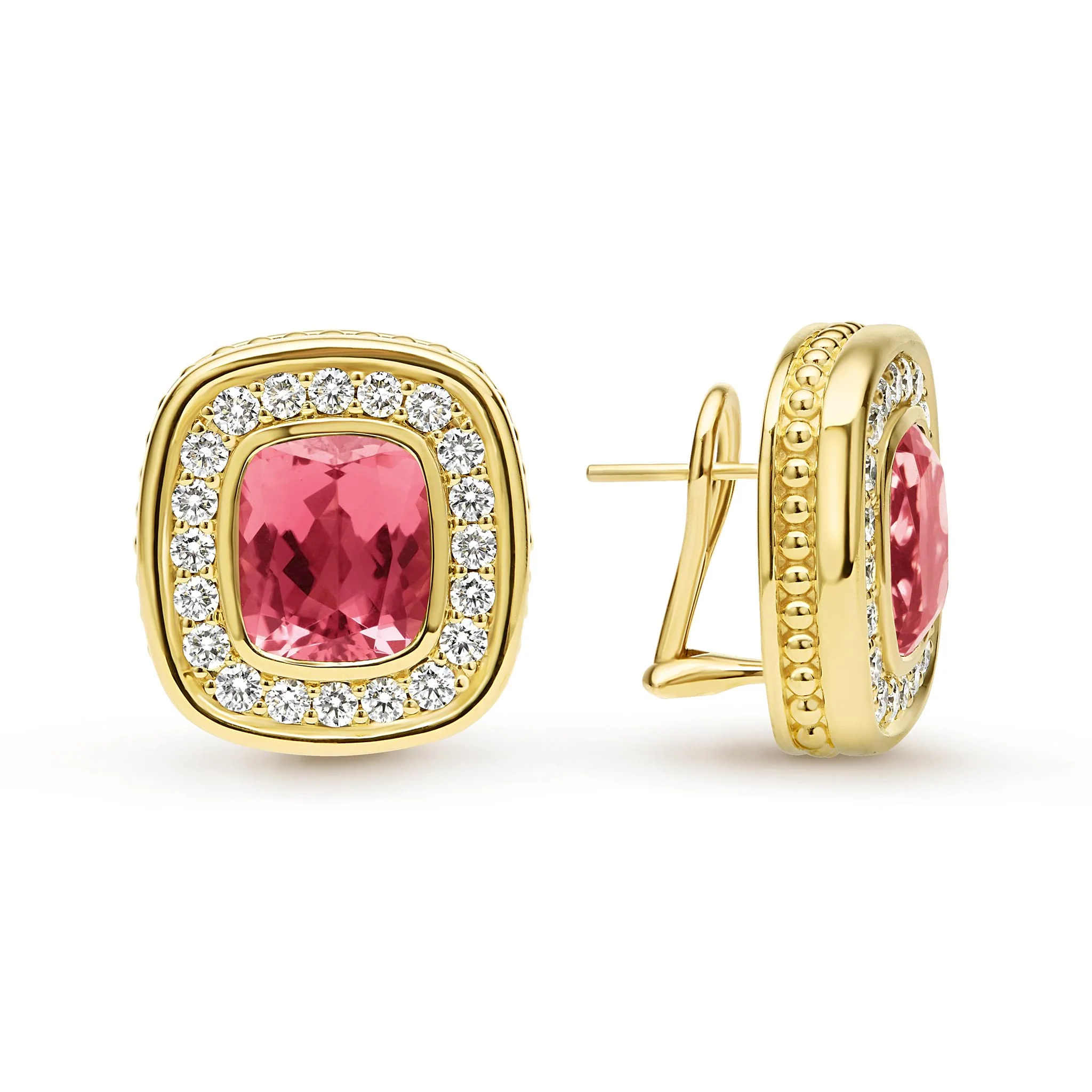 SML 18K Gold Pink Tourmaline and Diamond Stud Earrings
