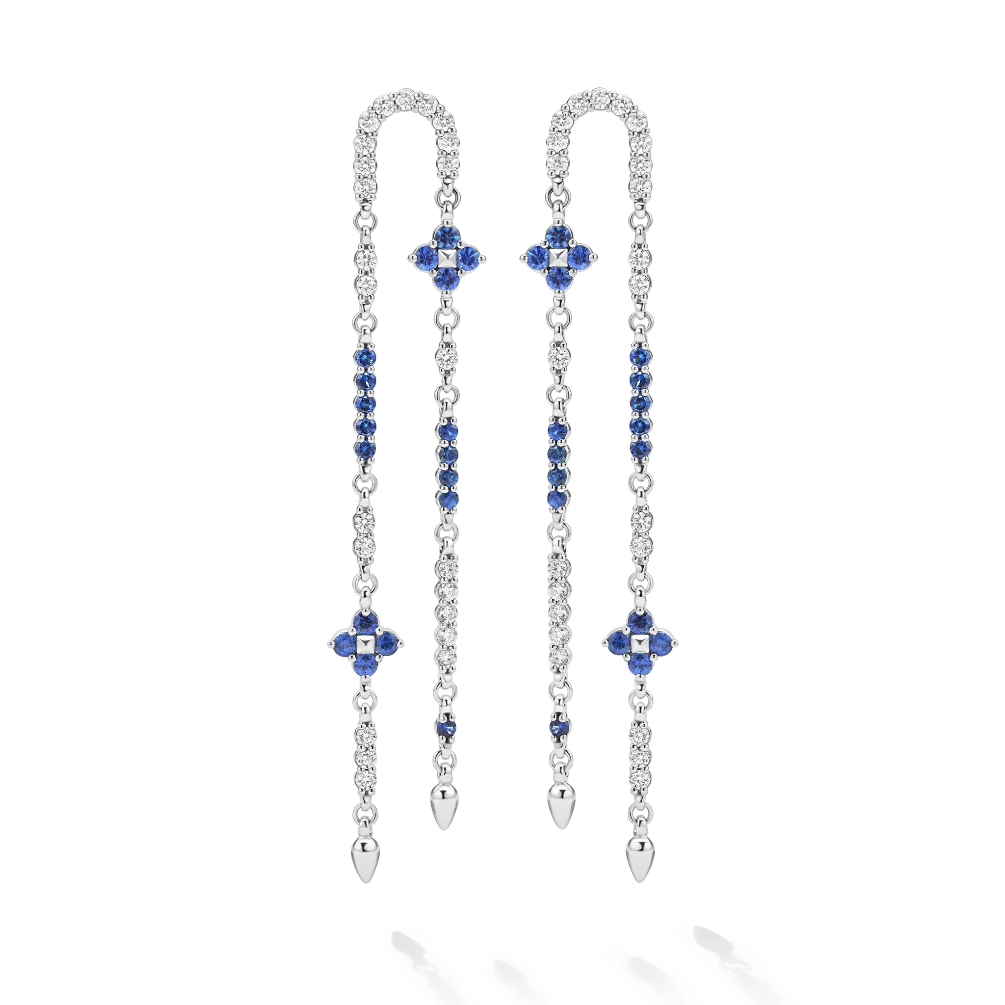 Studio 18K White Gold Diamond and Blue Sapphire Floral Drop Earring - Image 2