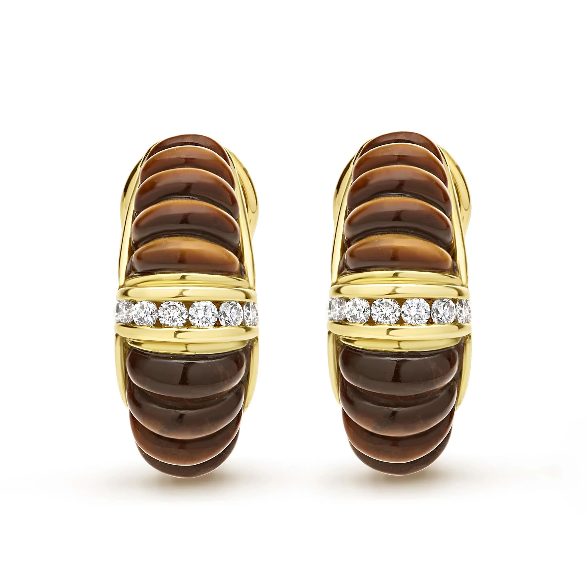Studio 18K Gold Fluted Tigers Eye Diamond Earrings - Image 2