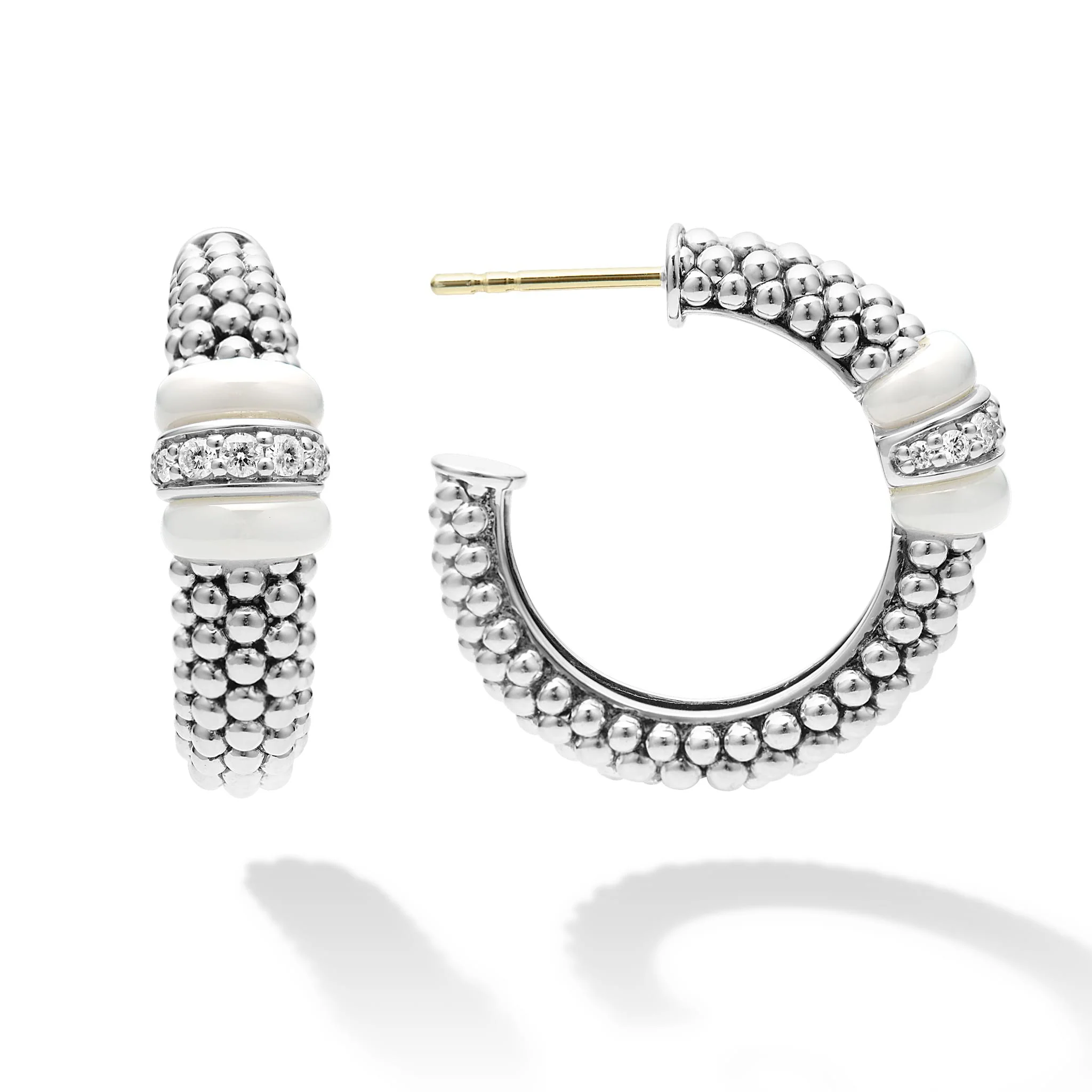 White Caviar White Ceramic & Sterling Silver Caviar Diamond Hoop Earrings - Image 3