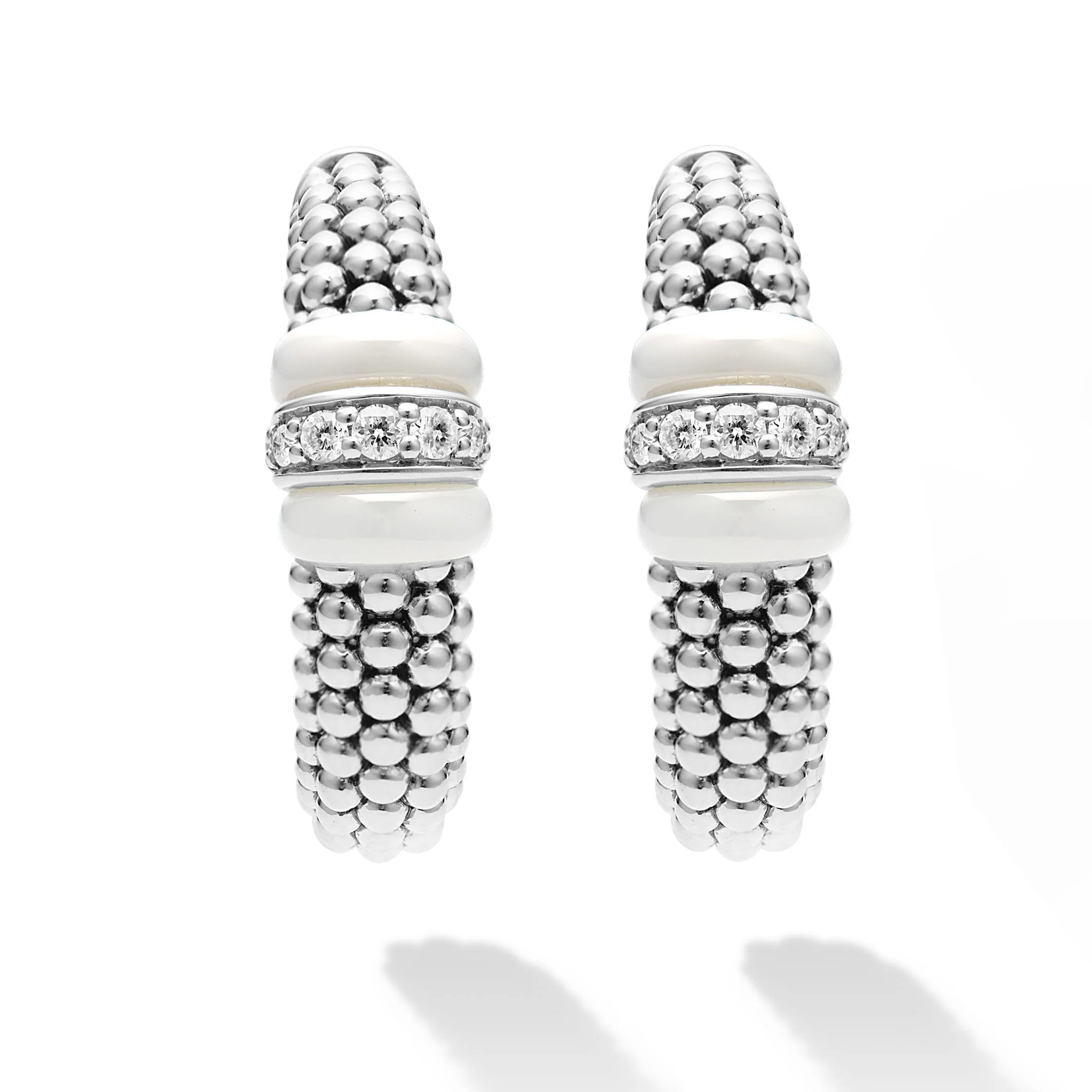 White Caviar White Ceramic & Sterling Silver Caviar Diamond Hoop Earrings - Image 4